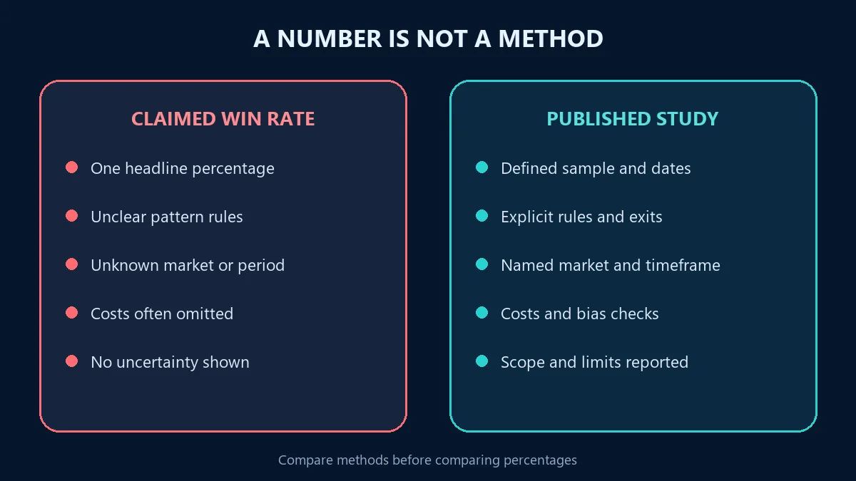 Comparison of a headline candlestick win-rate claim with the methodological details reported by a published study